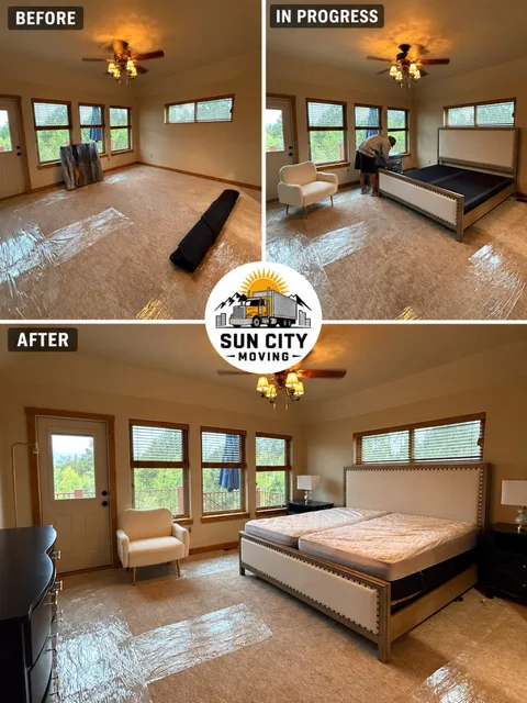 The same bedroom before, during and after a Sun City Moving job: floor protected, bed assembled, furniture placed