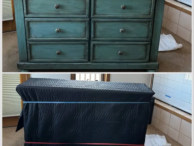 A dresser before the move, and the same dresser fully wrapped and protected for transport